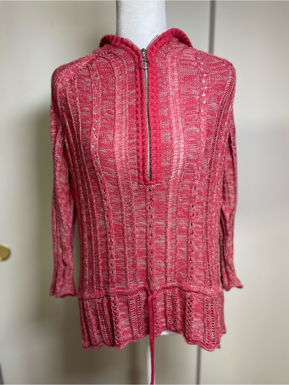 DKNY Coral Pink Hooded V-Neck Half-Zip Sweater